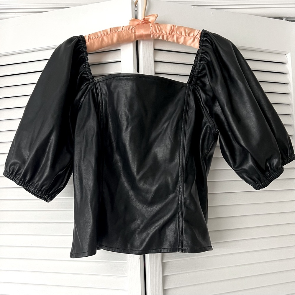 Marc New York Black Vegan Leather Puff Sleeve Top Small